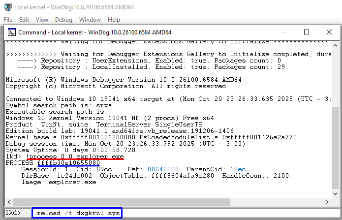 Primeira imagem do WinDbg mostrando o comando !process