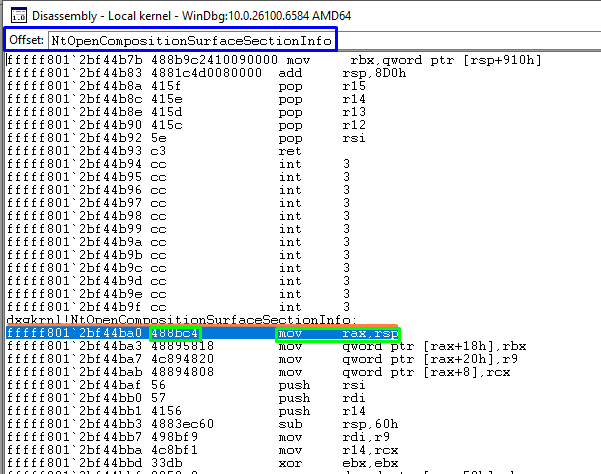 Segunda imagem mostrando o disassembler com a função NtOpenCompositionSurfaceSectionInfo