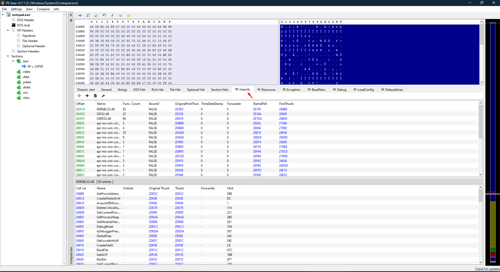 PE-bear aberto no notepad.exe, mostrando a aba Imports com todas as DLLs importadas (KERNEL32.dll, GDI32.dll, USER32.dll, etc)