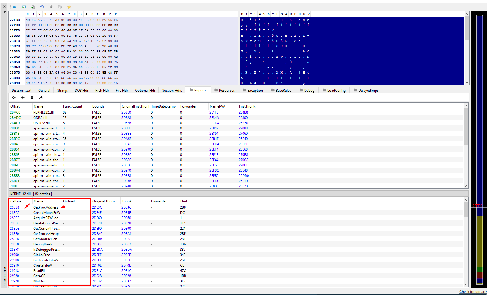 Zoom na tabela inferior do PE-bear destacando a coluna Call via com os offsets das funções de KERNEL32.dll