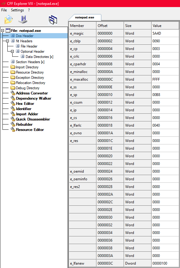 CFF Explorer mostrando todos os campos do DOS Header do notepad.exe, com e_magic=5A4D e e_lfanew=100