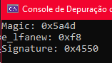 Console mostrando Magic, e_lfanew e Signature com os valores corretos