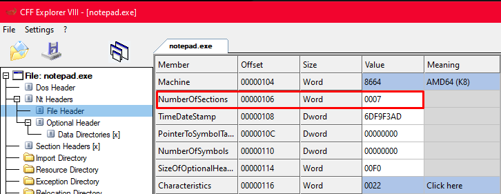 CFF Explorer mostrando o File Header com NumberOfSections igual a 0007 em destaque