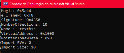 Console mostrando o nome da seção, VirtualAddress e PointerToRawData
