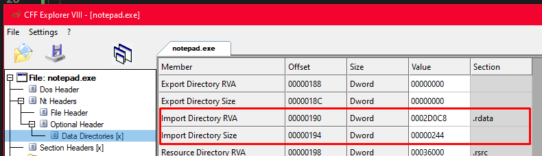CFF Explorer mostrando o Data Directories com Import Directory RVA e Size em destaque