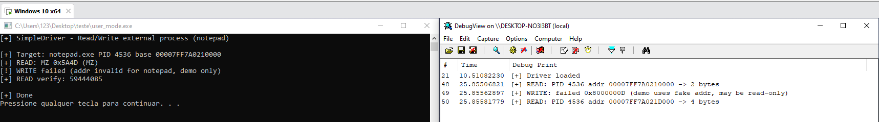 Usermode comunicando com driver: WinDbg com logs